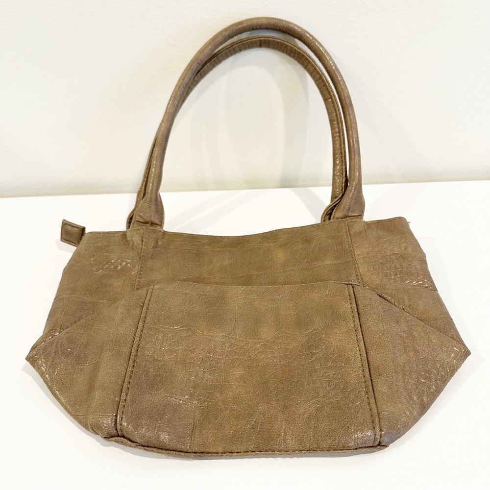 Elegant Tan Flower Crinkle Zipper Small Tote Handbag with Floral Accent - Picture 9 of 10